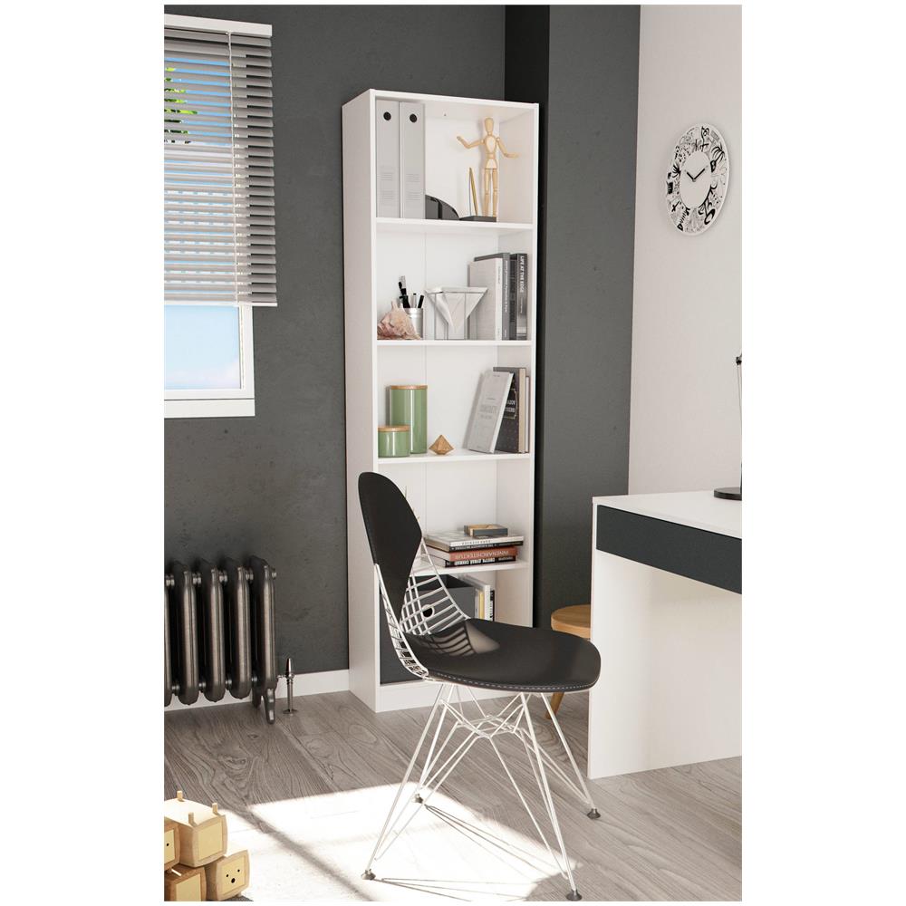 Libreria Pomona, Mobile Portalibri Alta A 5 Ripiani, Scaffale Da Ufficio O Cameretta, Scaffale Moderno Con Scomparti, 52x25h80 Cm, Bianco - Foto 1