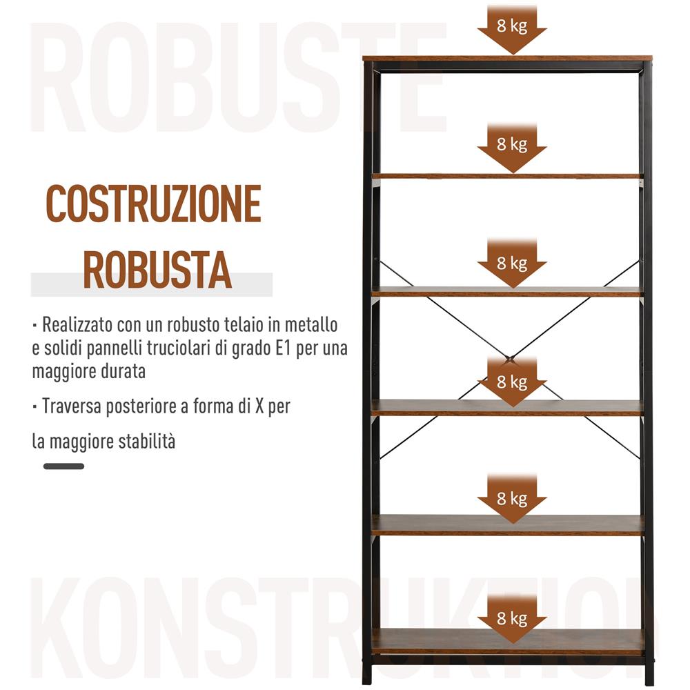 Libreria In Stile Industriale Vintage Con 6 Mensole In Legno E Metallo Nero - Foto 2