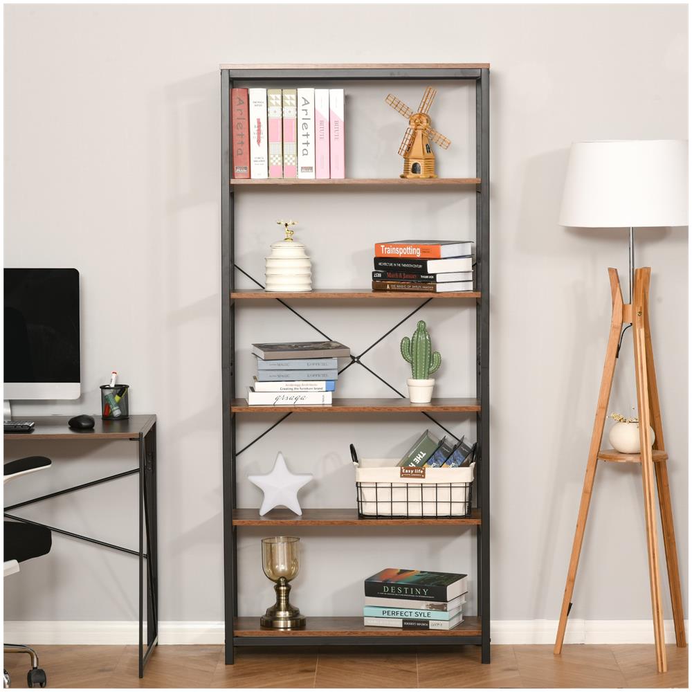 Libreria In Stile Industriale Vintage Con 6 Mensole In Legno E Metallo Nero - Foto 8