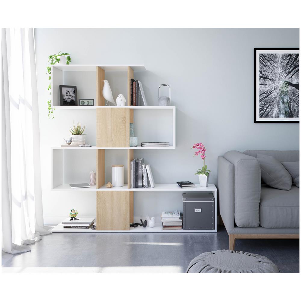 Libreria Decorativa E Funzionale Con Cinque Scomparti, Colore Bianco Con Inserti Color Rovere, Misure 145 X 145 X 29 Cm - Foto 1