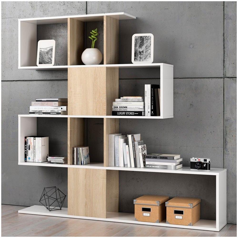 Libreria Decorativa E Funzionale Con Cinque Scomparti, Colore Bianco Con Inserti Color Rovere, Misure 145 X 145 X 29 Cm - Foto 2