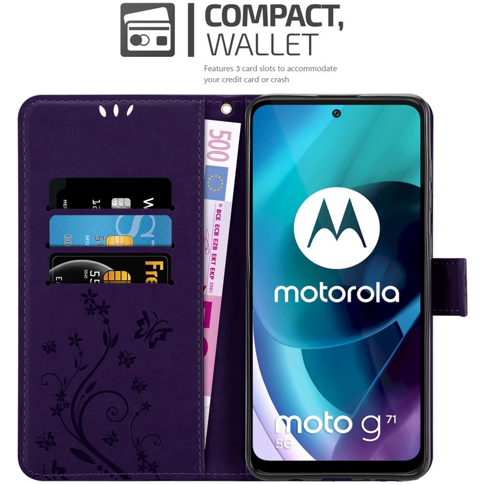 Custodia Compatibile Con Motorola Moto G71 5g In Lilla Scuro Fiore - Coperchio Protettivo In Design Floreale Con Chiusura Magnetica, Funzione Stand E Slot Per Carte - Foto 2