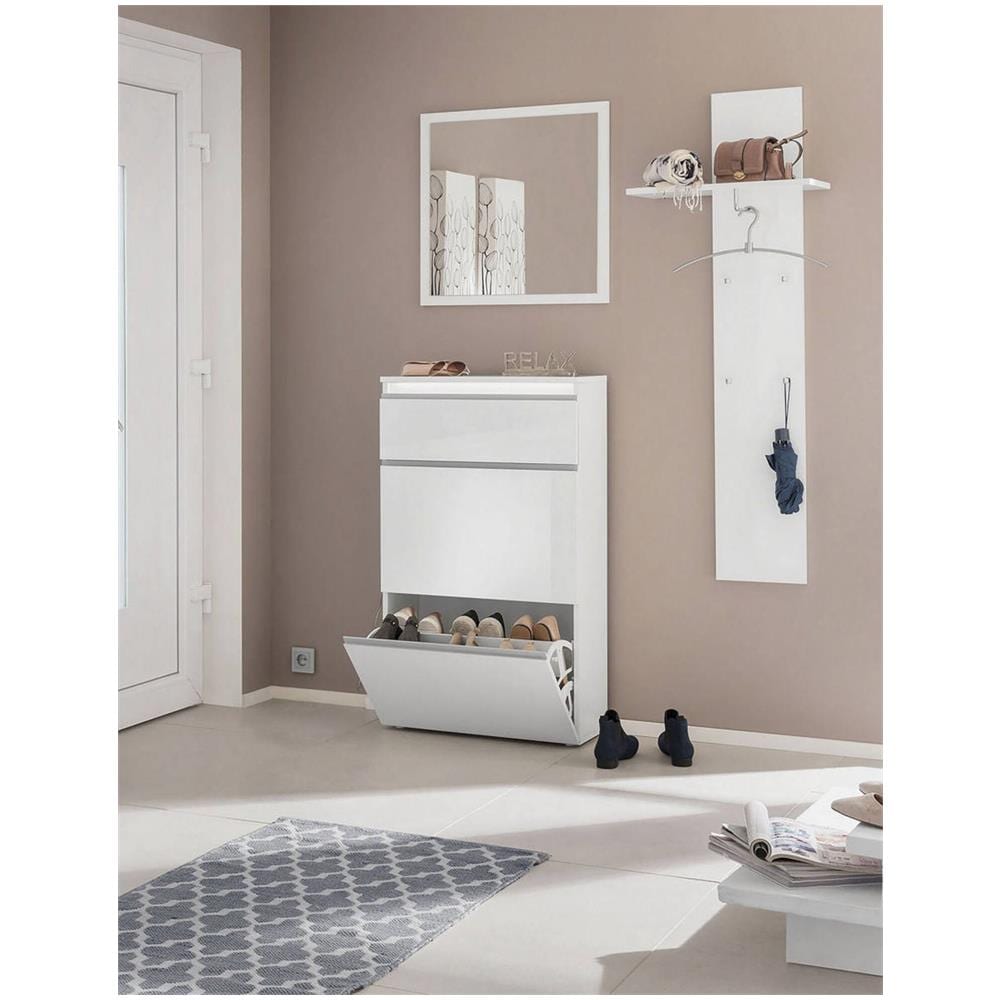 Scarpiera Paco, Mobile Multiuso A 2 Ante E 1 Anta A Ribalta, Portascarpe Da Ingresso, 100% Made In Italy, Cm 60x27h108, Bianco Lucido - Foto 1