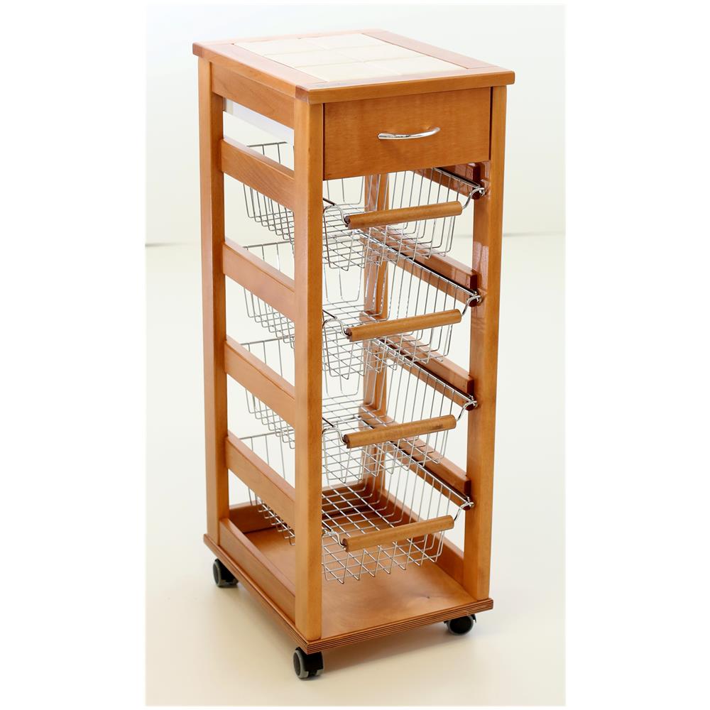 Liberoshopping Carrello SALVASPAZIO con CESTI PORTAFRUTTA con PORTABOTTIGLIE con Ruote E Piano in MATTONELLE E CASSETTO Laccato Bianco