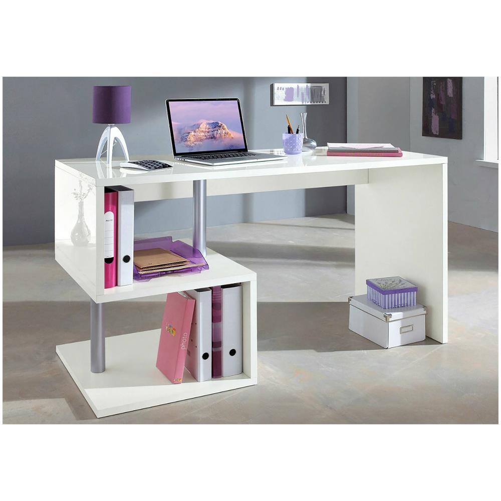 Scrivania Valerio, Scrittoio Lineare Porta Pc, Tavolo Multiuso Per Ufficio, Scrivania Salvaspazio Multiposizione, 100% Made In Italy, Cm 140x60h78, Bianco Lucido - Foto 1