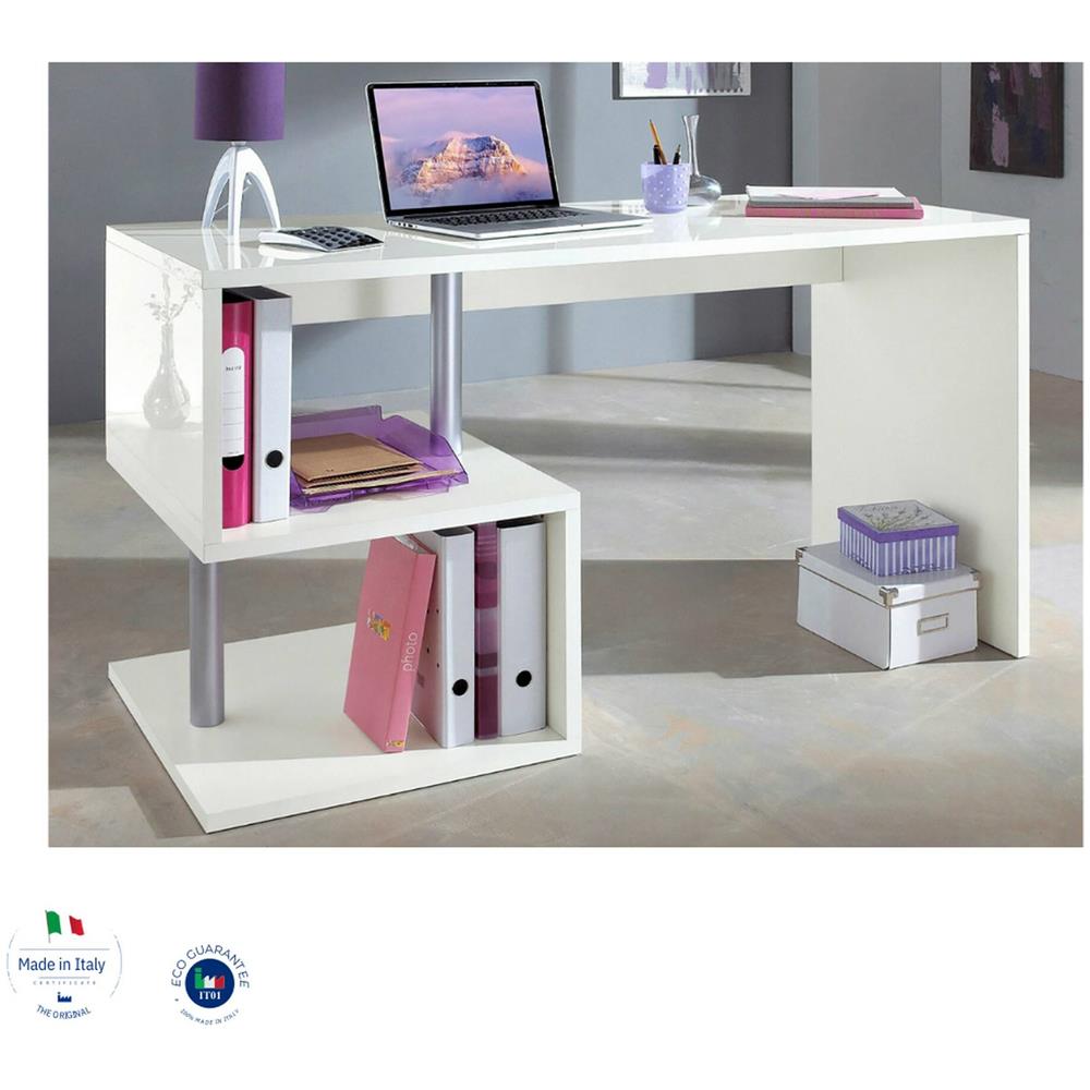 Scrivania Valerio, Scrittoio Lineare Porta Pc, Tavolo Multiuso Per Ufficio, Scrivania Salvaspazio Multiposizione, 100% Made In Italy, Cm 140x60h78, Bianco Lucido - Foto 4