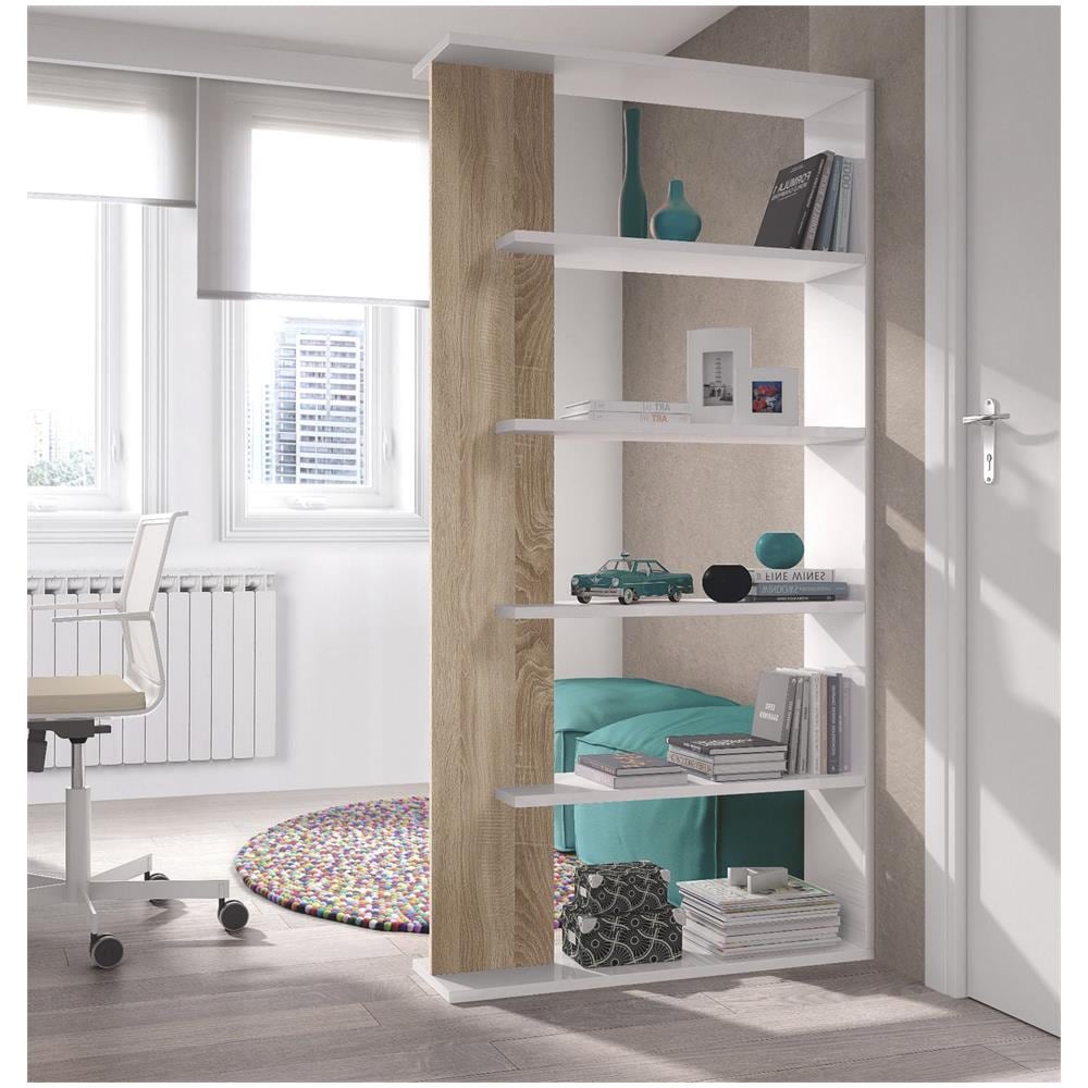 Libreria Columbia, Mobile Portalibri Bifacciale A 5 Ripiani, Scaffale Divisorio Da Ufficio O Cameretta, 90x25h180 Cm, Bianco E Rovere - Foto 1