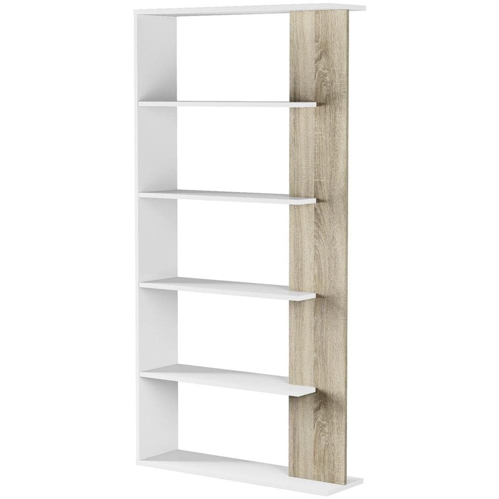 Libreria Columbia, Mobile Portalibri Bifacciale A 5 Ripiani, Scaffale Divisorio Da Ufficio O Cameretta, 90x25h180 Cm, Bianco E Rovere - Foto 2