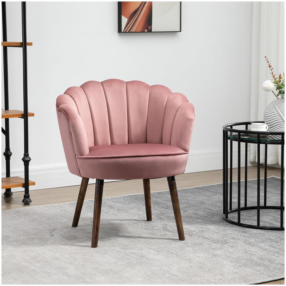 Poltrona Imbottita con Schienale a Conchiglia e Gambe in Legno, Poltrona in Velluto per Salotto e Camera, 66x66x78.5cm, Rosa - Foto 2