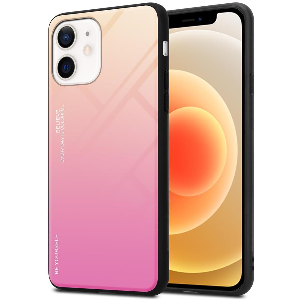 Custodia Compatibile Con Apple Iphone 12 Mini In Giallo - Rosa - Coperchio Protettivo Bicolore In Vetro Temperato E Silicone Tpu - Foto 1
