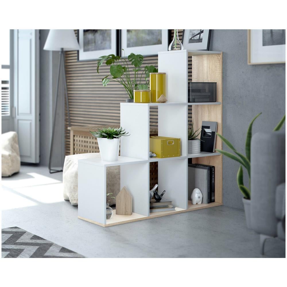 Libreria Cincinnati, Mobile Portalibri Bifacciale Con 6 Scomparti, Scaffale Divisorio Da Ufficio, 108x28h110 Cm, Bianco E Rovere - Foto 1