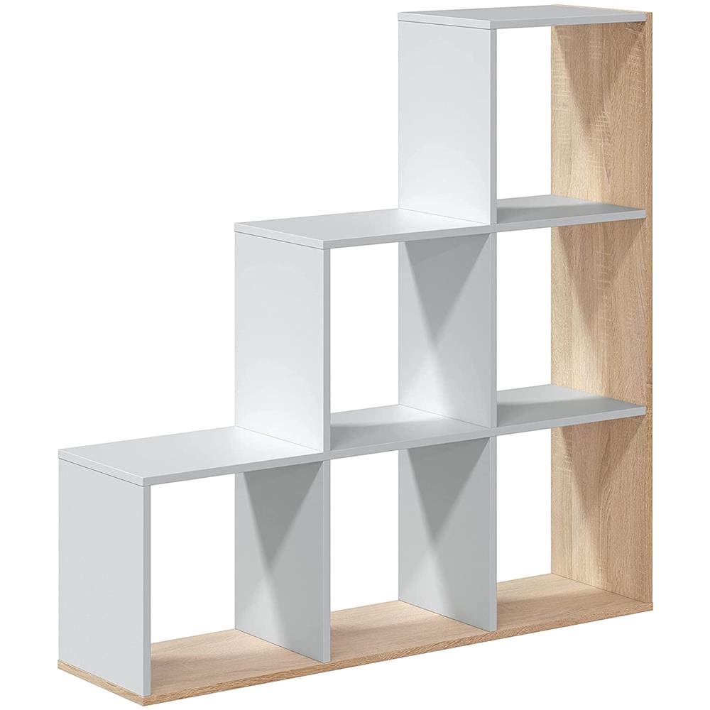 Libreria Cincinnati, Mobile Portalibri Bifacciale Con 6 Scomparti, Scaffale Divisorio Da Ufficio, 108x28h110 Cm, Bianco E Rovere - Foto 2
