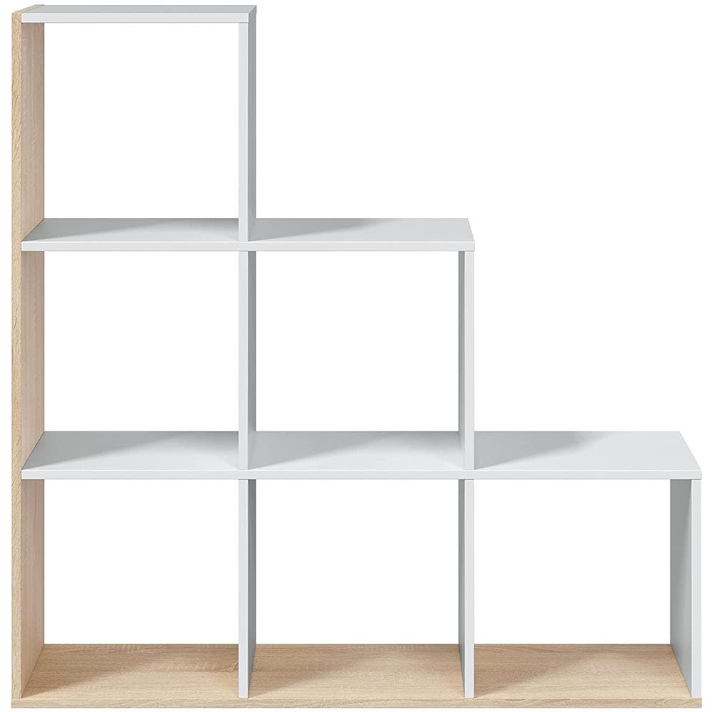 Libreria Cincinnati, Mobile Portalibri Bifacciale Con 6 Scomparti, Scaffale Divisorio Da Ufficio, 108x28h110 Cm, Bianco E Rovere - Foto 4