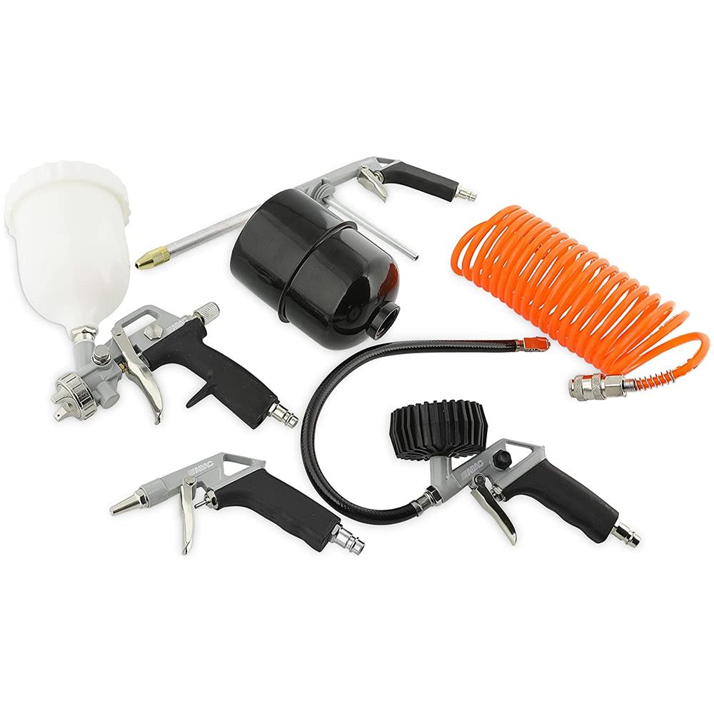 Accessori Compressore 8 Pezzi G-810p (pistola A Spruzzo Di Vernice 600 Ml + Pistola Di Lavaggio 900 Ml + Pistola Di Soffiaggio + Gonfiagomme Con Manometro + Tubo A Spirale + 3 Punte) - Foto 1
