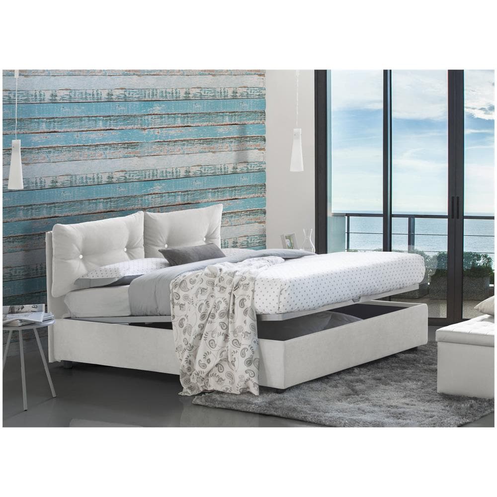Letto Piazza E Mezza Angelica, Letto Contenitore Con Rivestimento In Tessuto, 100% Made In Italy, Apertura Frontale, Con Materasso Cm 120x190 Incluso, Bianco - Foto 1