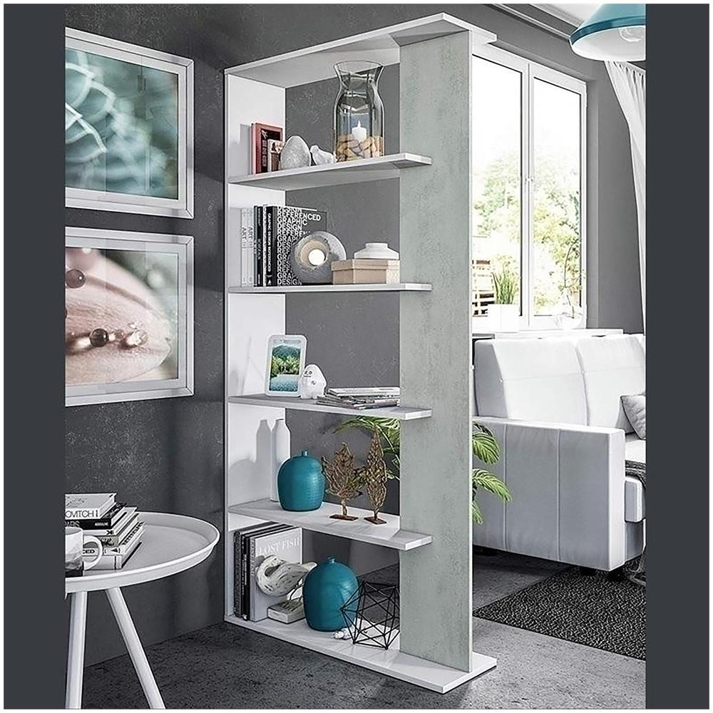 Libreria Columbia, Mobile Portalibri Bifacciale A 5 Ripiani, Scaffale Divisorio Da Ufficio O Cameretta, 90x25h180 Cm, Bianco E Cemento - Foto 1