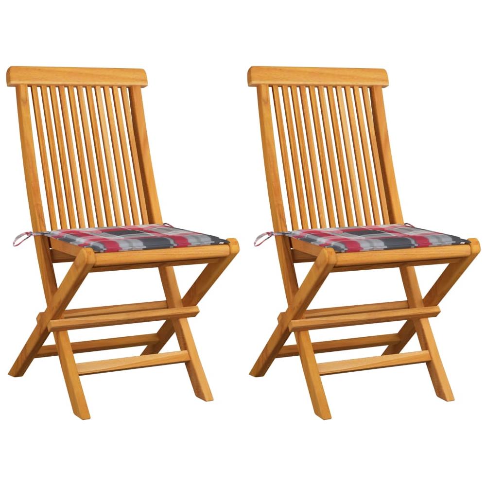 Sedie Giardino 2 Pz Con Cuscino Rosso A Quadri Massello Di Teak - Foto 1