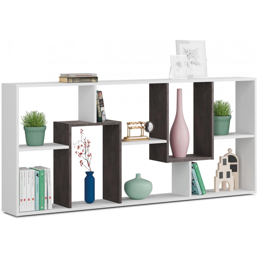 Libreria Fremont, Mobile Portalibri Multiposizione Con 8 Scomparti, Scaffale Da Ufficio, Scaffale Divisorio Per Camera, 80x25h180 Cm, Bianco E Ossido - Foto 4