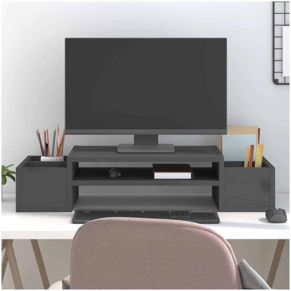 Supporto Per Monitor Grigio 70x27,5x15cm Legno Massello Di Pino - Foto 1