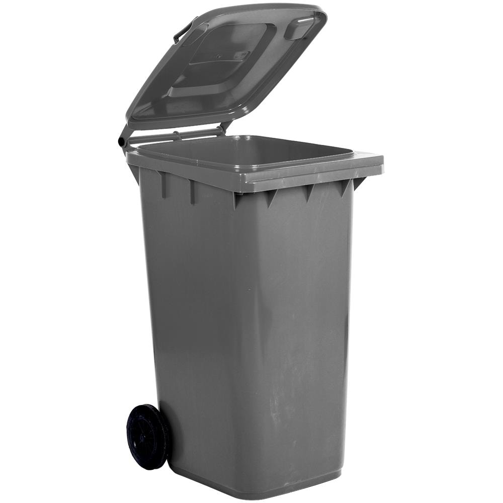 Bidone carrellato grigio per la raccolta differenziata rifiuti 240 Lt con ruote e coperchio UNI EN 840 per rifiuti e riciclo - Foto 1
