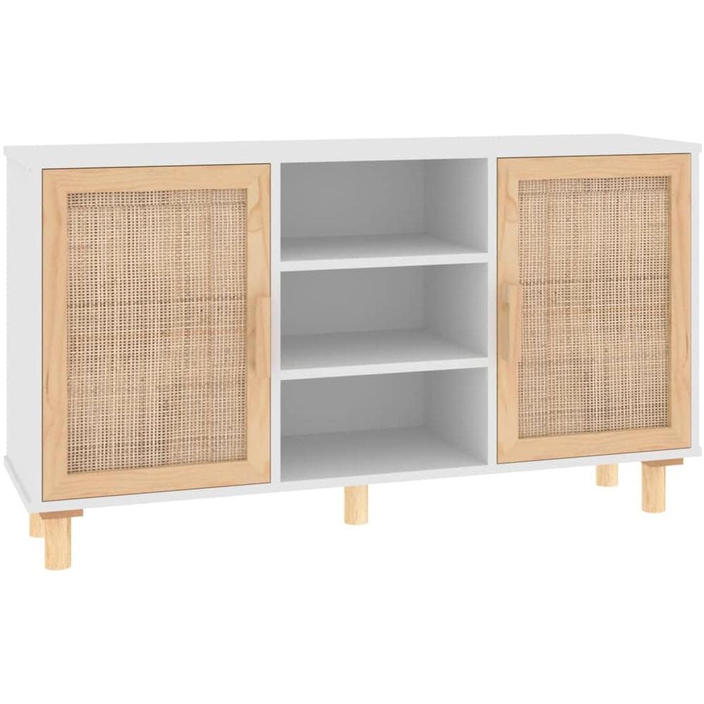 Credenza Bianca 105x30x60cm Legno Massello Pino Rattan Naturale - Foto 2