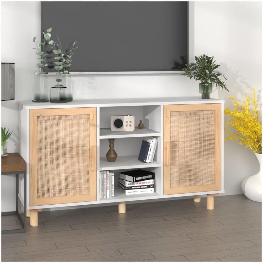 Credenza Bianca 105x30x60cm Legno Massello Pino Rattan Naturale - Foto 1