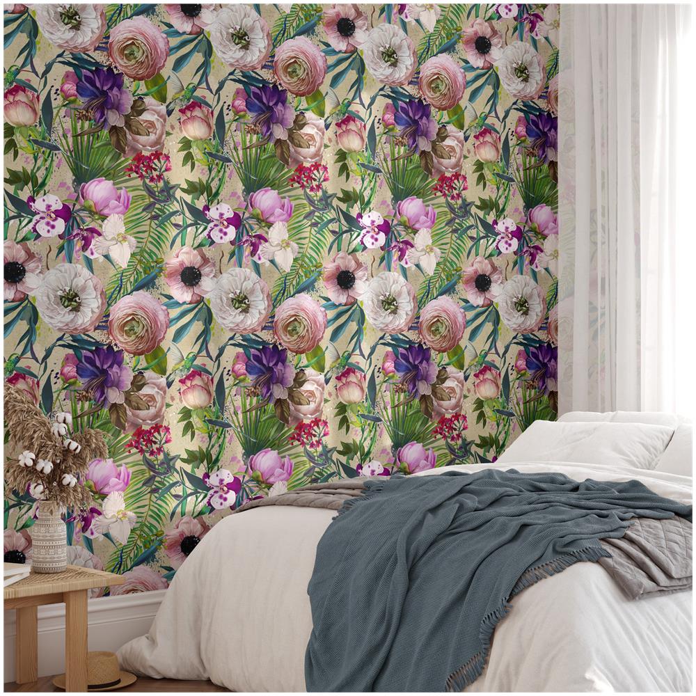 Carta Da Parati Floreale Con Fiori Rosa In Fogli Di Vera Carta Vegana, Made In Italy, 200x280cm, 5,5mq - Foto 3