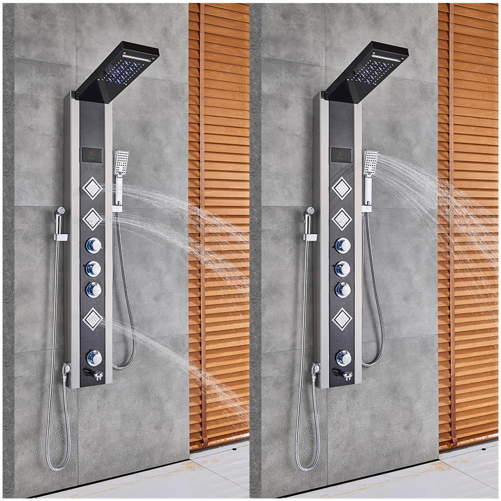 Pannello doccia Blackswan, modello M9006 nero con LED, display digitale, bocca di erogazione, doccetta bidet e funzioni SPA, misura 125 cm - Foto 4