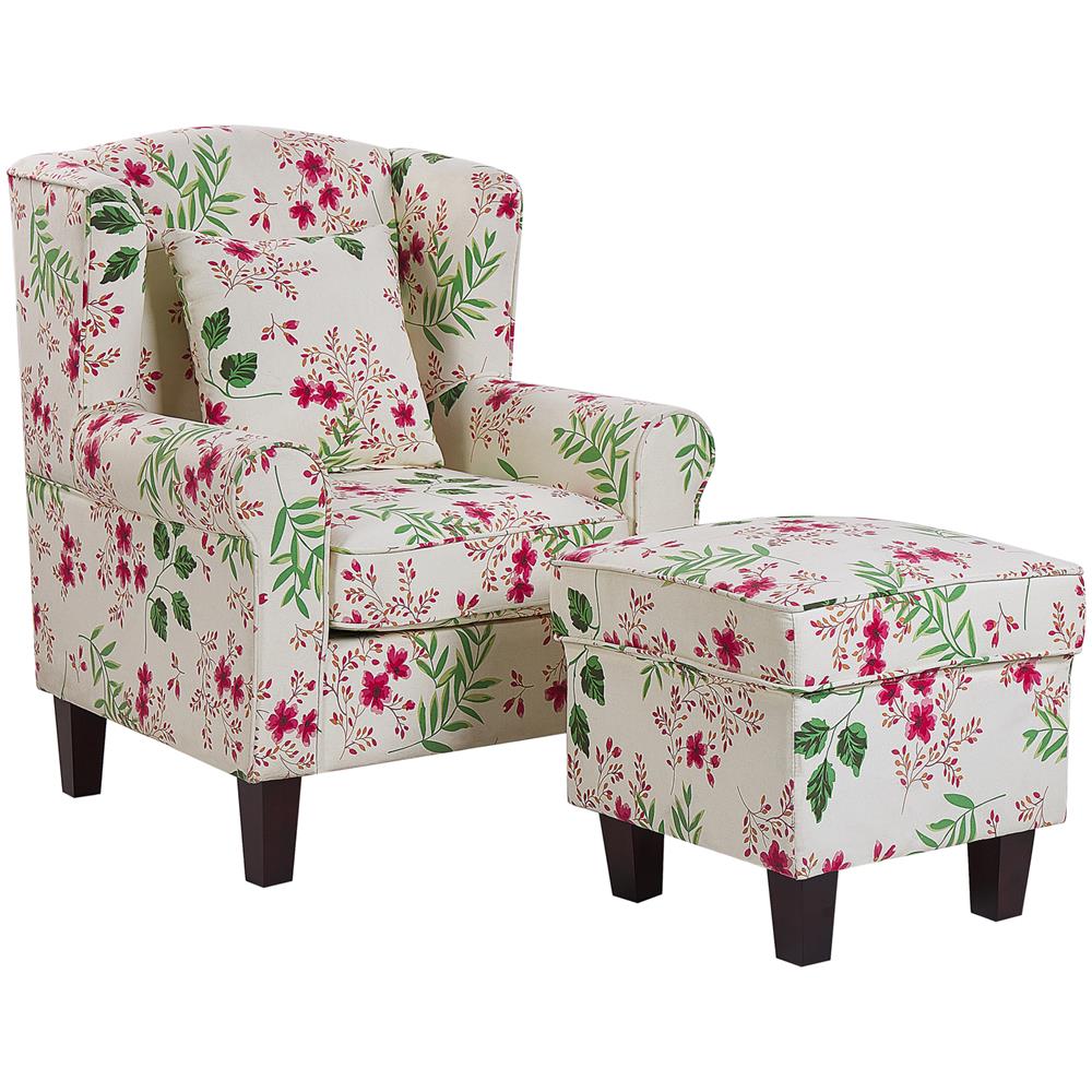 Poltrona Wing Con Poggiapiedi In Tessuto Beige E Motivo Floreale Hamar - Foto 1