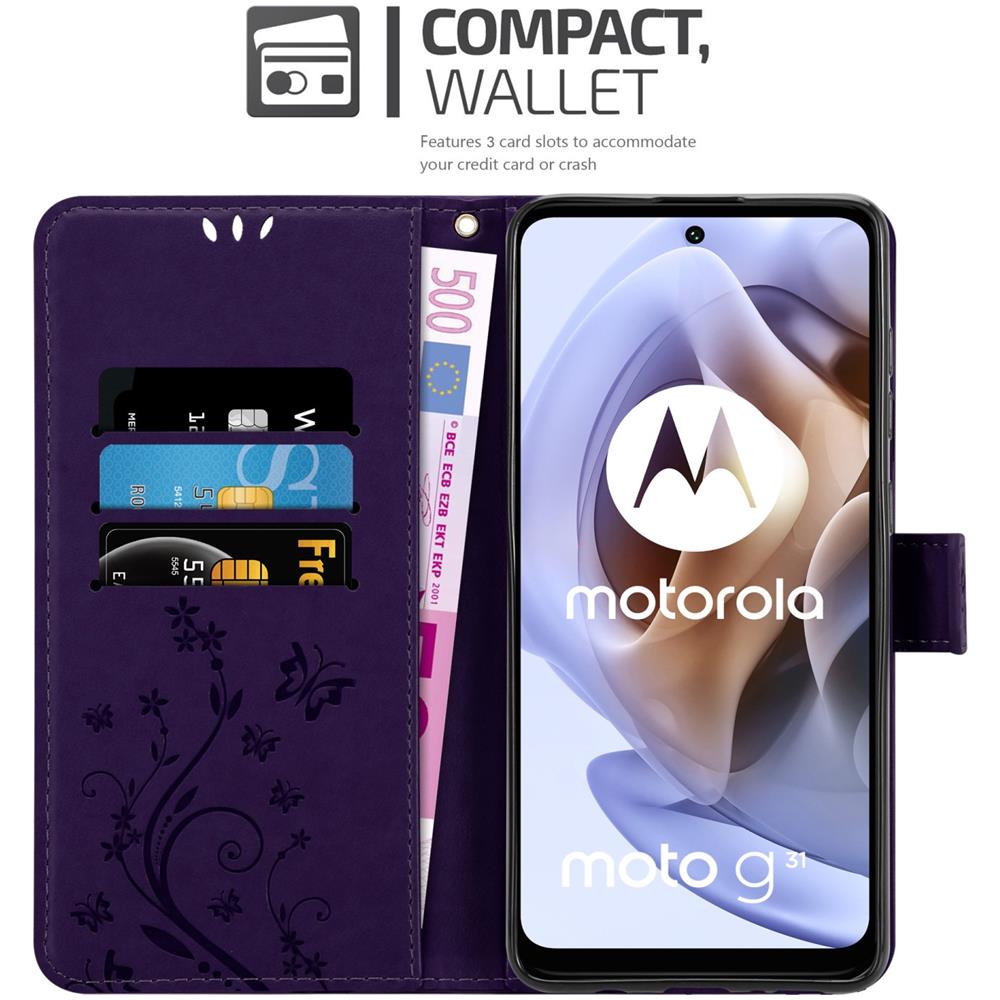 Custodia Compatibile Con Motorola Moto G31 / G41 In Lilla Scuro Fiore - Coperchio Protettivo In Design Floreale Con Chiusura Magnetica, Funzione Stand E Slot Per Carte - Foto 2