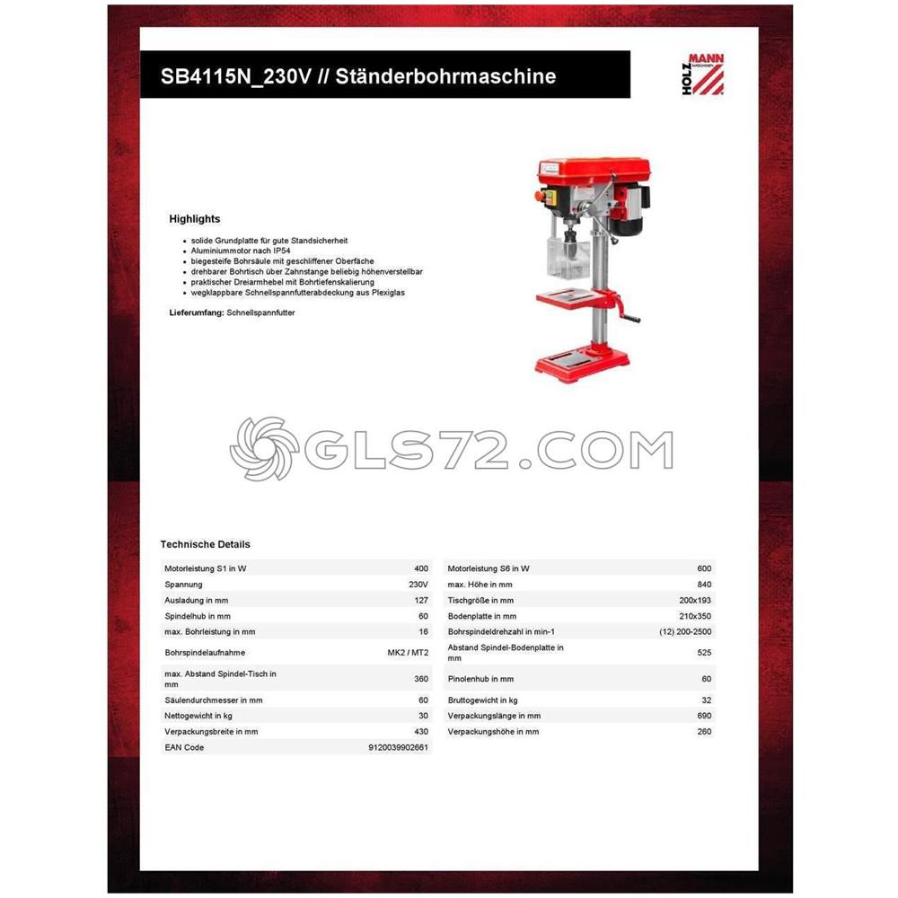 Trapano A Colonna Da Banco Con Trasmissione A Cinghia 230v 400w Holzmann Sb4115n - Foto 4