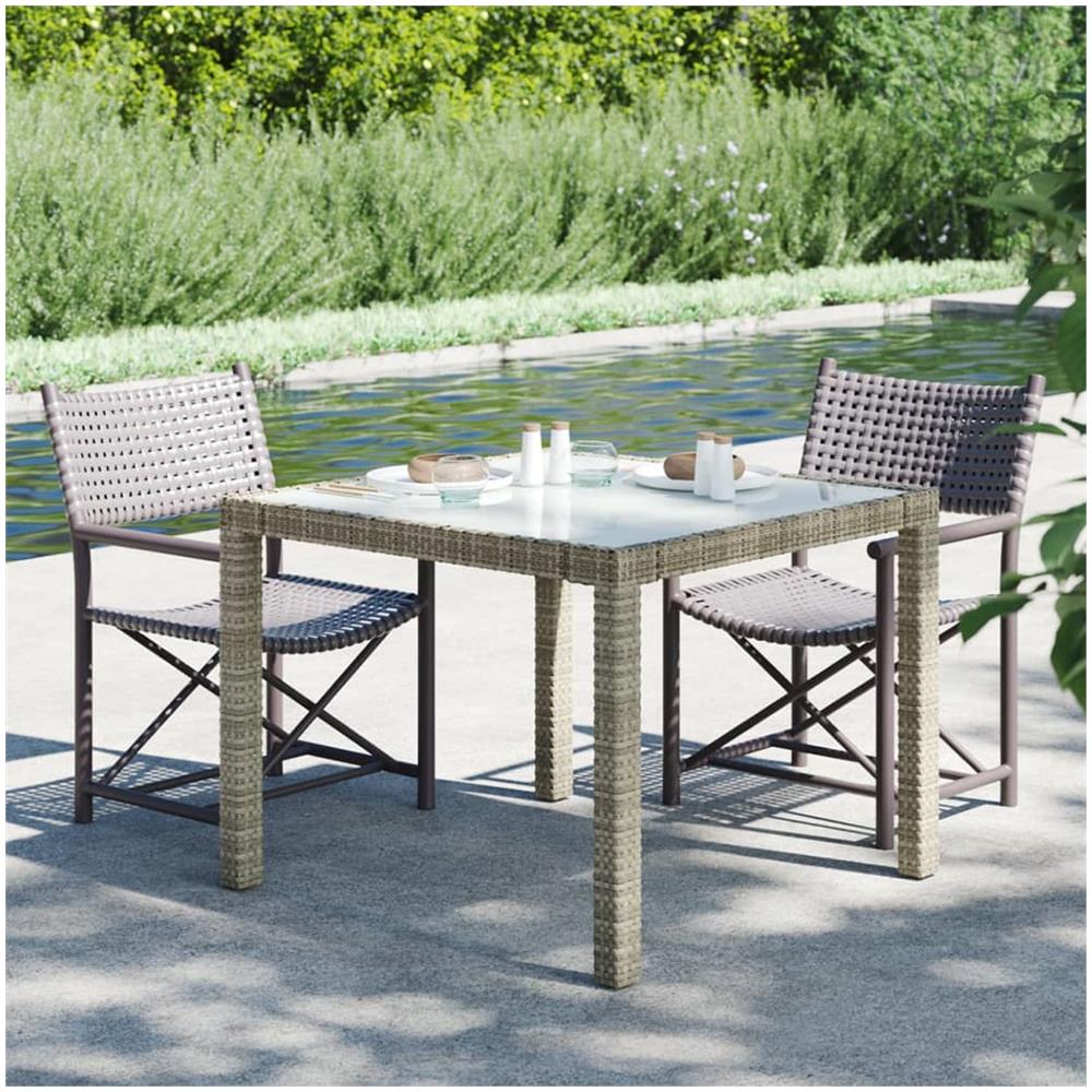 Tavolo Giardino 90x90x75cm Vetro Temperato E Polyrattan Grigio - Foto 1