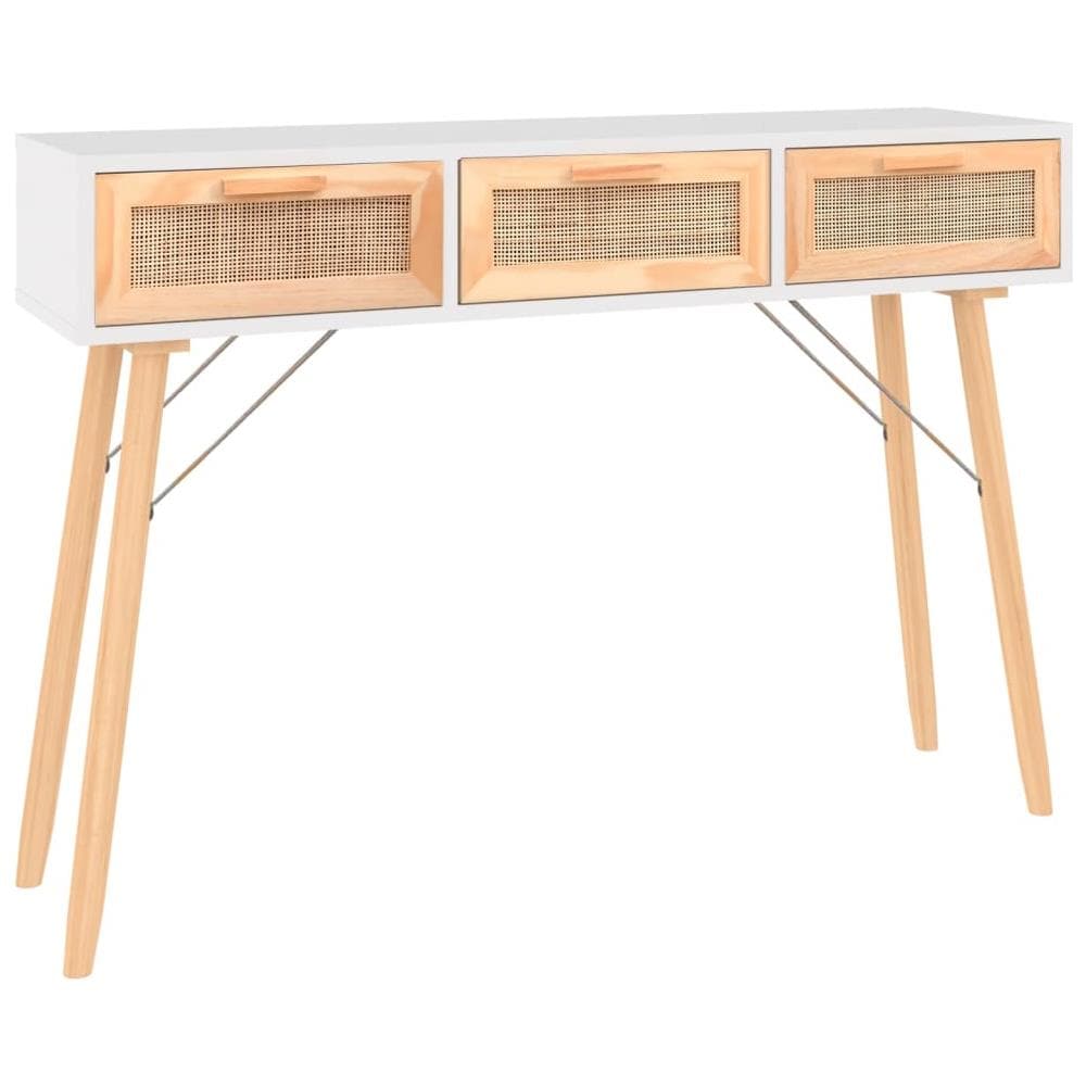 Tavolo Consolle Bianco 105x30x75 Massello Pino Rattan Naturale - Foto 2