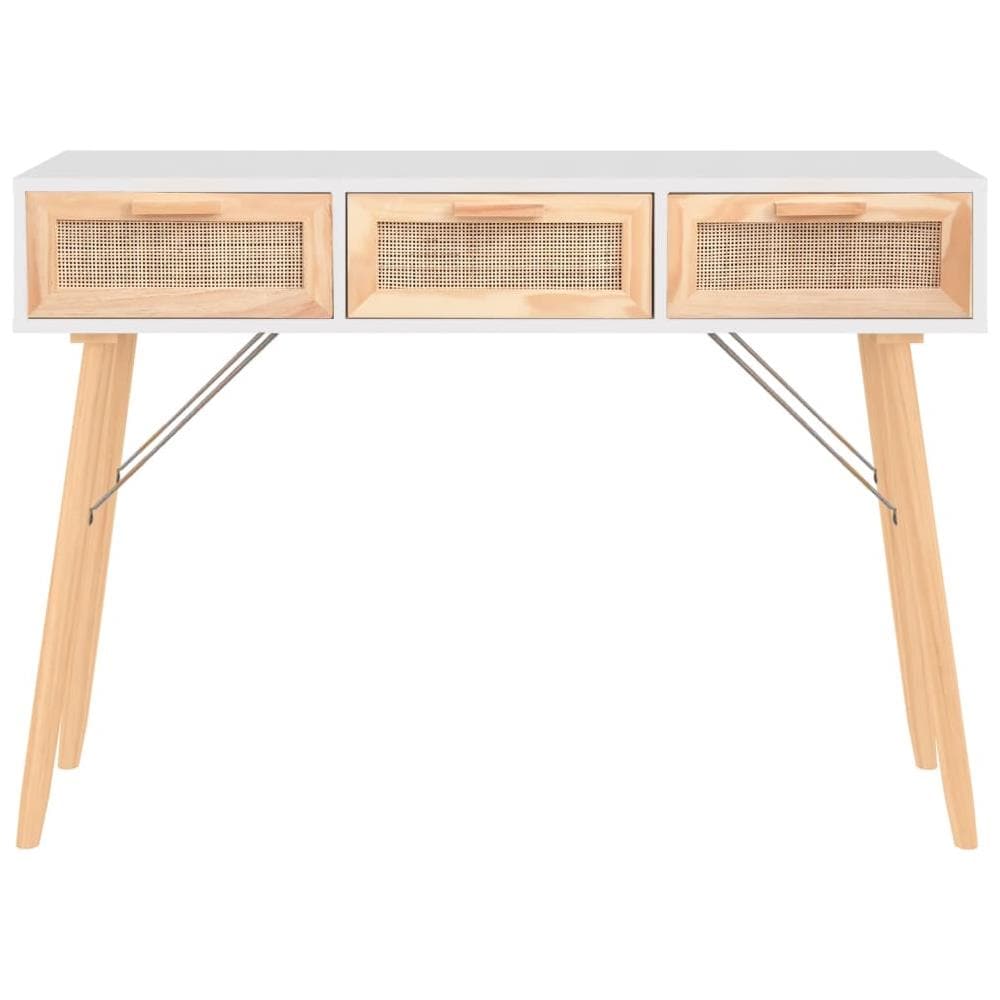 Tavolo Consolle Bianco 105x30x75 Massello Pino Rattan Naturale - Foto 3