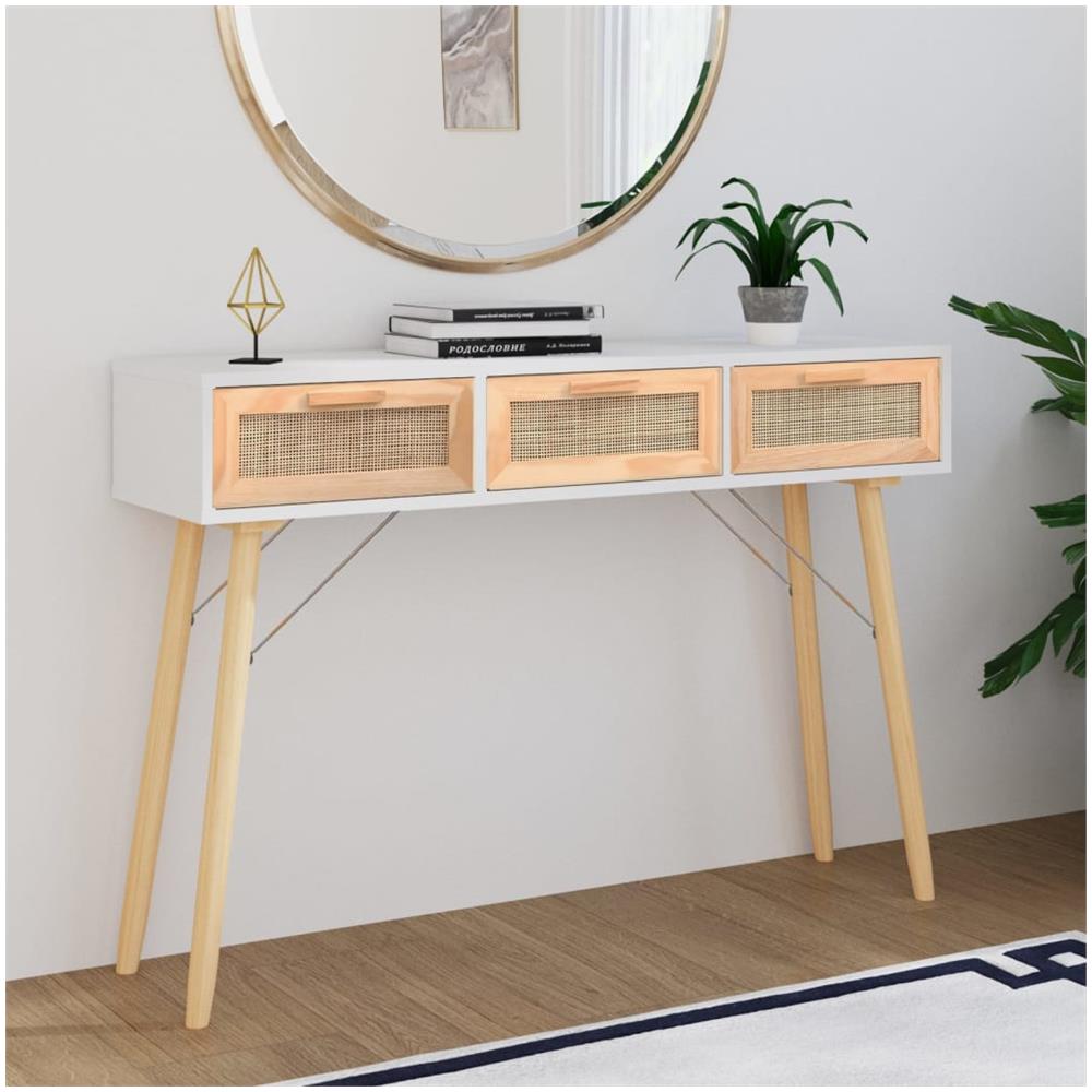 Tavolo Consolle Bianco 105x30x75 Massello Pino Rattan Naturale - Foto 1