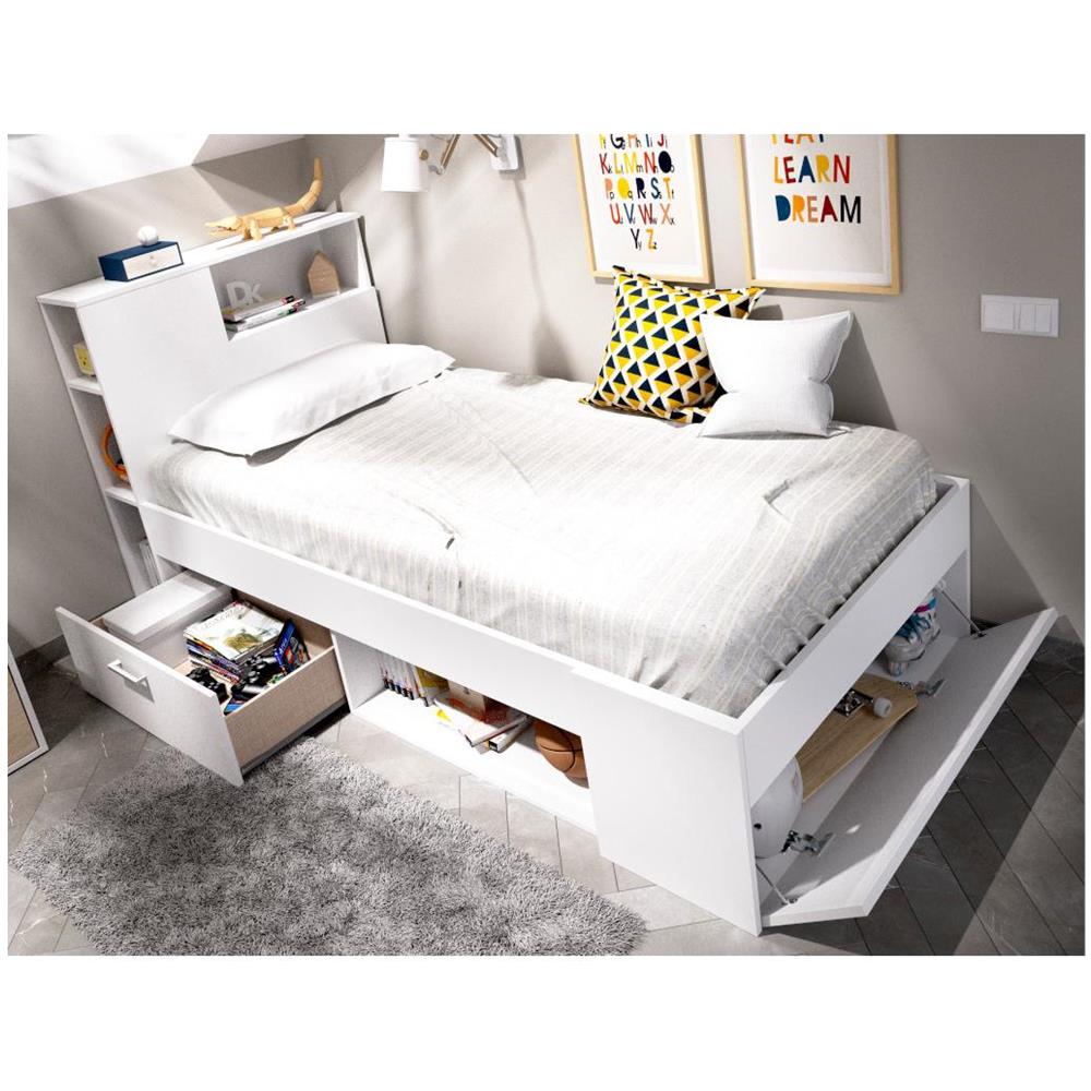 Letto Singolo Con Testiera Portaoggetti E Cassetto - 90 X 190 Cm Bianco - Leandre - Foto 2
