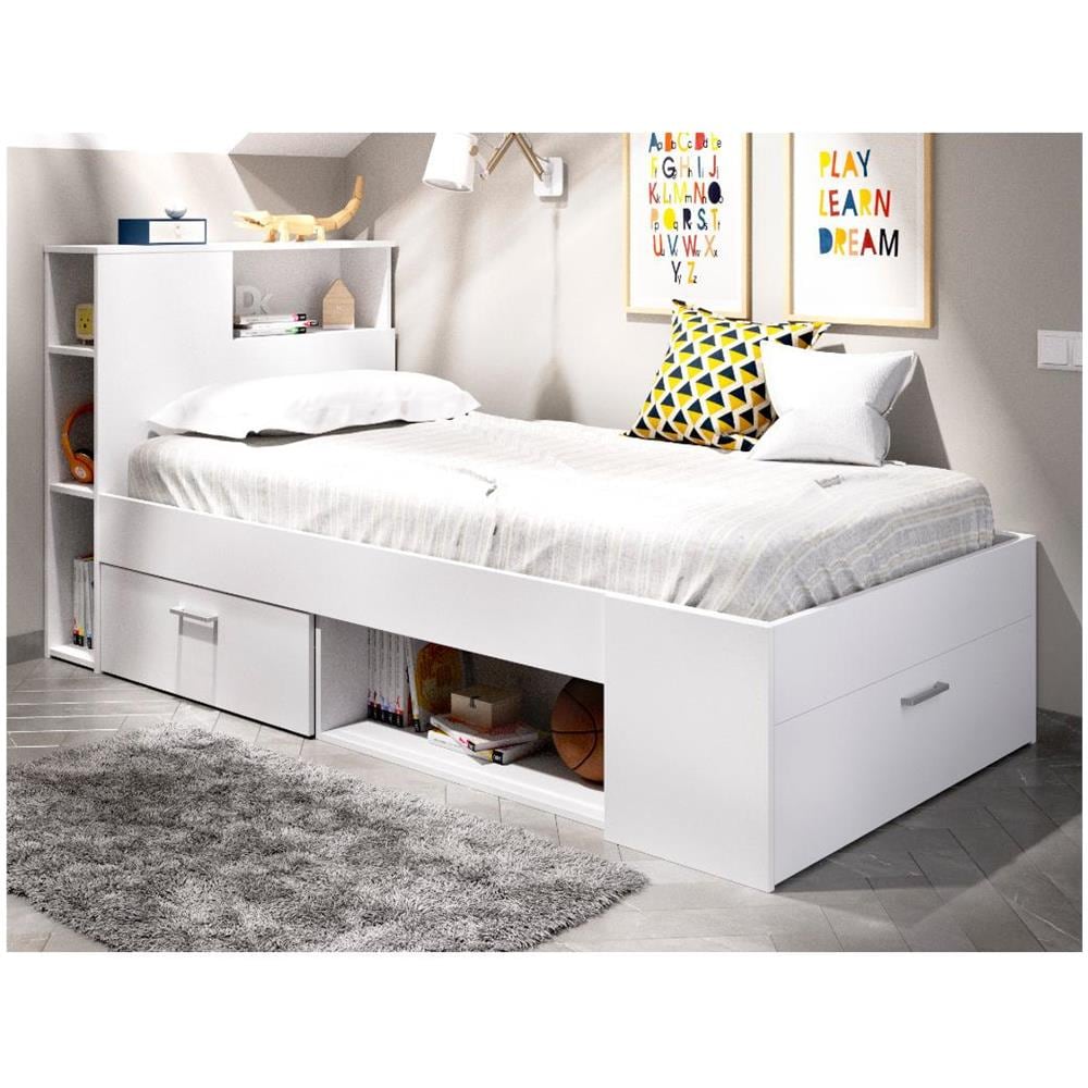 Letto Singolo Con Testiera Portaoggetti E Cassetto - 90 X 190 Cm Bianco - Leandre - Foto 1