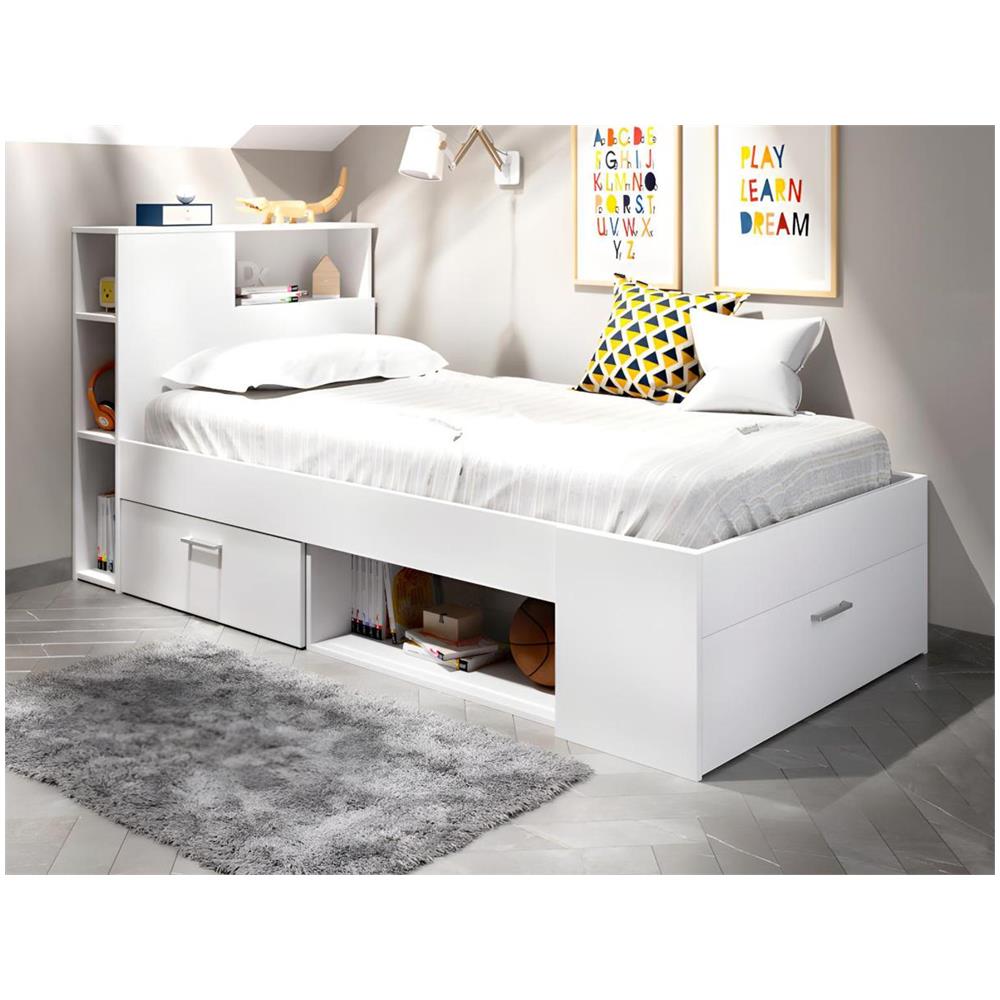 Letto Singolo Con Testiera Portaoggetti E Cassetto - 90 X 190 Cm Bianco - Leandre - Foto 7