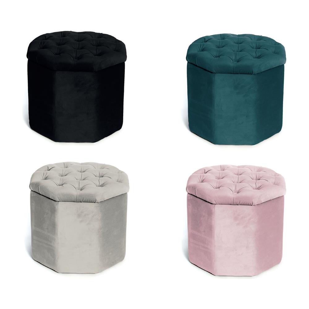 Pouf Salotto Contenitore Imbottito Trapuntato Ottagonale Velvet Tinta Unita Pouf Nero - Foto 2