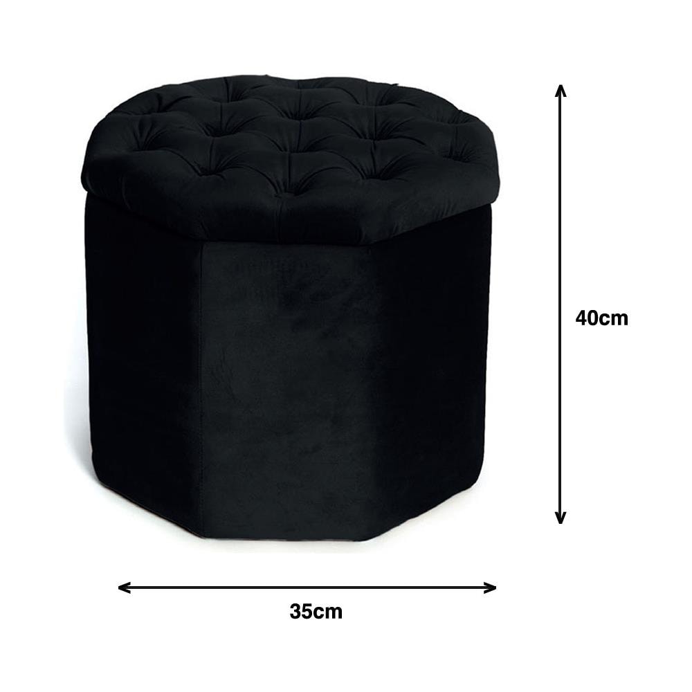 Pouf Salotto Contenitore Imbottito Trapuntato Ottagonale Velvet Tinta Unita Pouf Nero - Foto 4