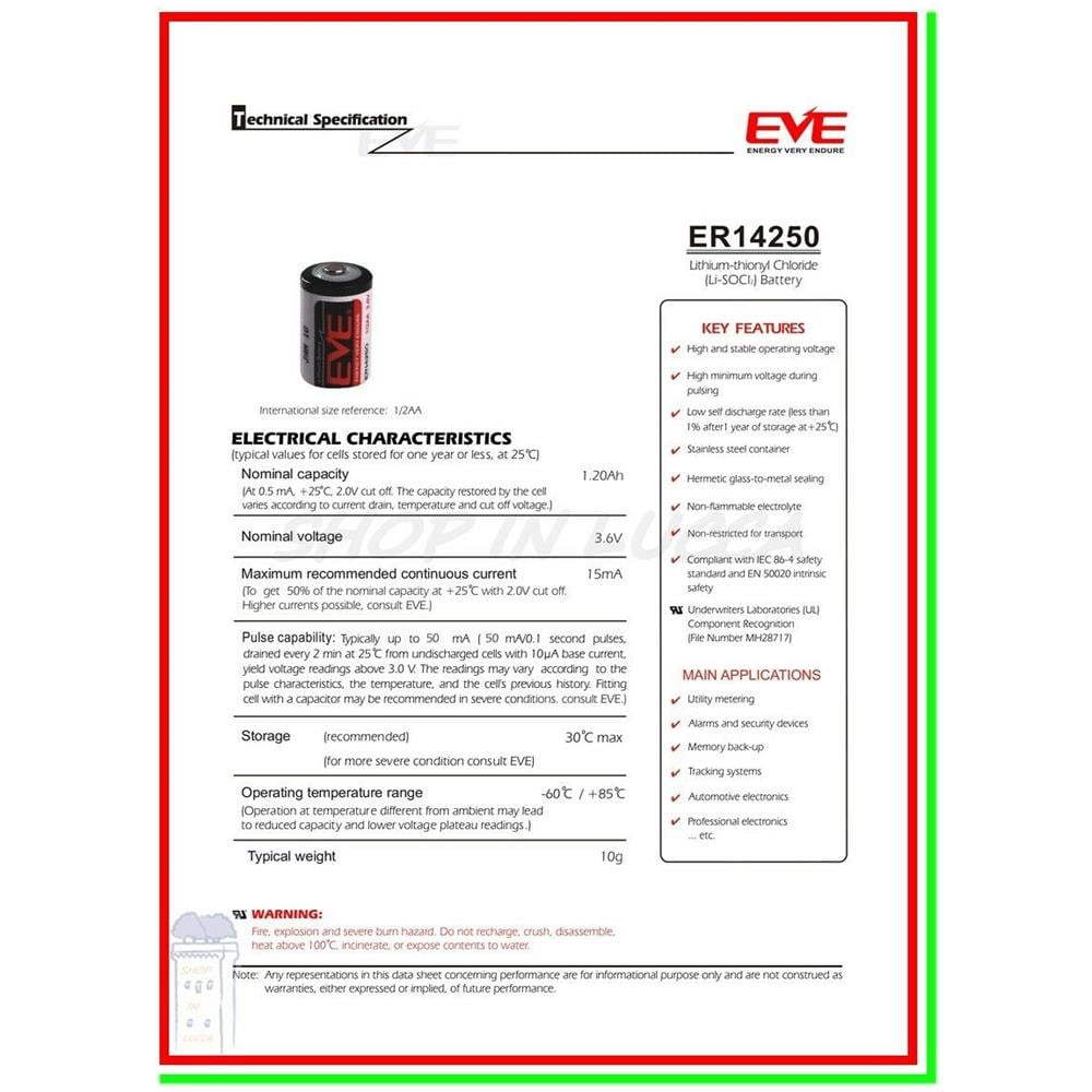 Batteria Pila 14250 3,6v Li-socl2 1/2 Aa Mezza Stilo 1200mah Sensore Allarme - Foto 2