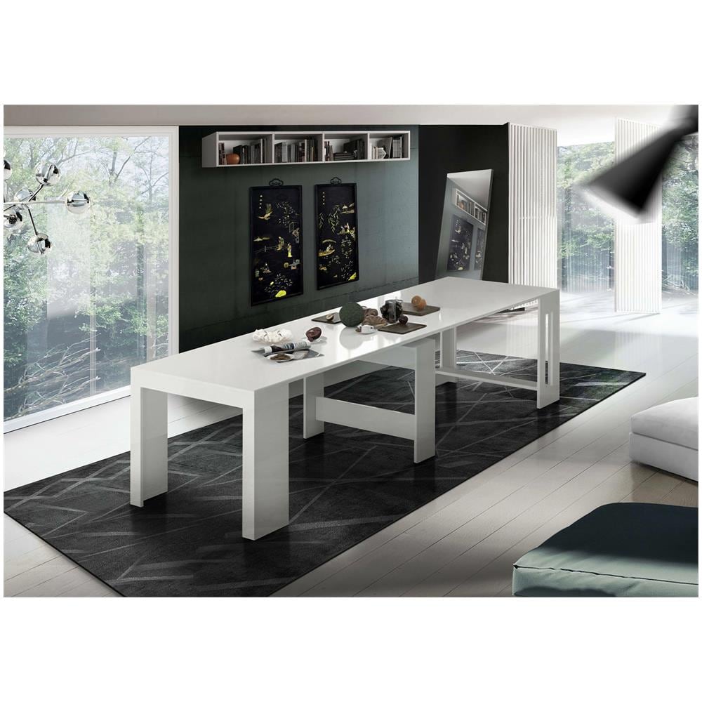 Tavolo Allungabile Martino, Consolle Allungabile Fino A 12 Posti, Tavolo Con Portallunghe, 100% Made In Italy, Cm 51/300x90h77, Bianco Lucido - Foto 1
