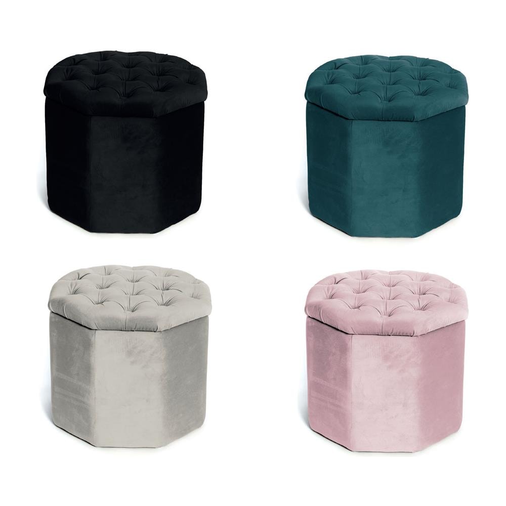 Pouf Salotto Contenitore Imbottito Trapuntato Ottagonale Velvet Tinta Unita Pouf Petrolio - Foto 2