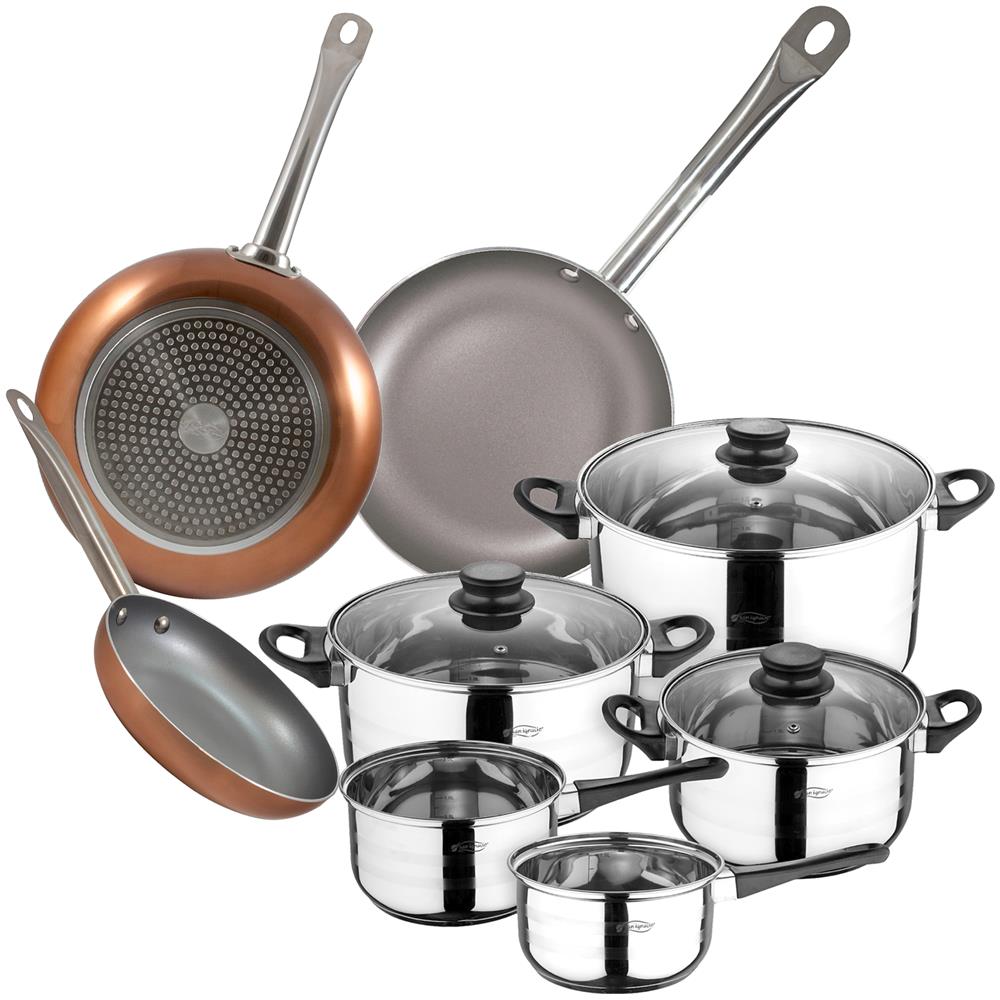 Set Di 8 Pezzi In Acciaio Inox Con Padella (18, 22 E 26 Cm) In Alluminio Stampato Collezione Optimum Plus Di - Foto 1