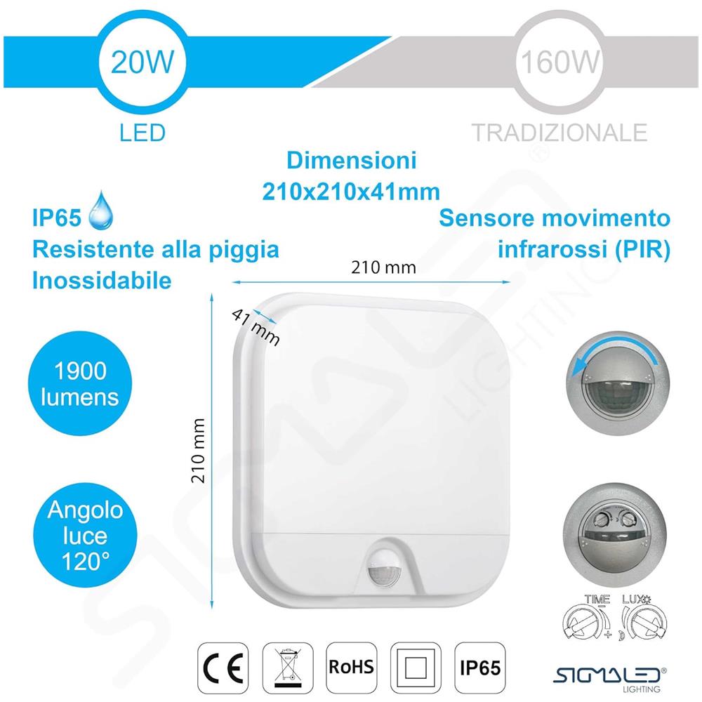 Plafoniera Led 20w Sensore Di Movimento, Impermeabile Per Esterno Ip65, Luce Naturale 4000k, 1900lumen, Applique Quadrata Da Parete - Foto 5