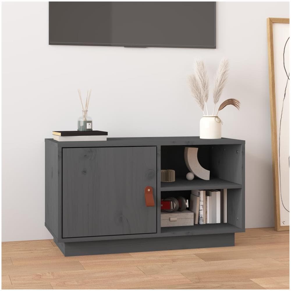 Mobile Porta Tv Grigio 70x34x40 Cm In Legno Massello Di Pino - Foto 1