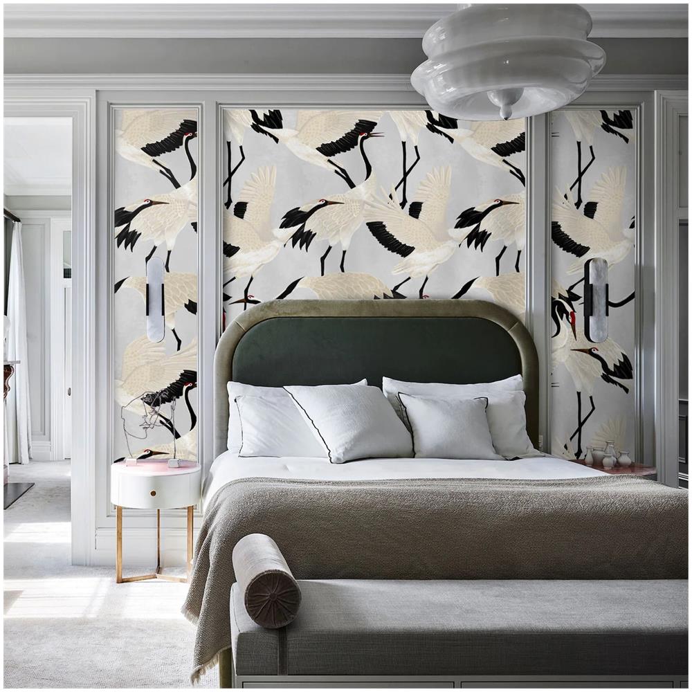 Carta Da Parati Aironi Grigi In Fogli Di Vera Carta Vegana, Made In Italy, 200x280cm, 5,5mq - Foto 3
