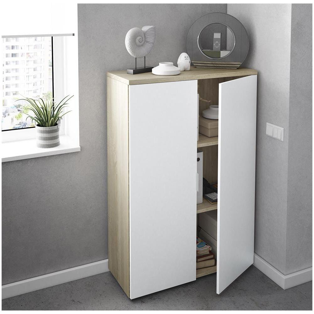 Armadio Multiuso Plano, Mobile Multiuso A 2 Ante, Armadio Portascarpe Con 3 Ripiani, Scarpiera Moderna, 80x33h119 Cm, Rovere E Bianco - Foto 1