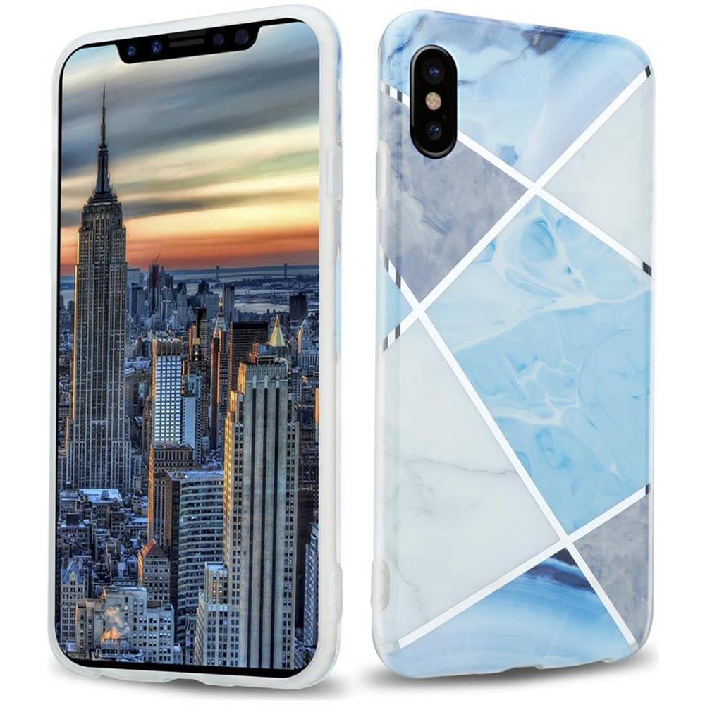 Custodia Compatibile Con Apple Iphone X / Xs In Marmo Grigio Bianco Blu No. 2 - Coperchio Protettivo In Silicone Tpu Con Motivo A Mosaico - Foto 1