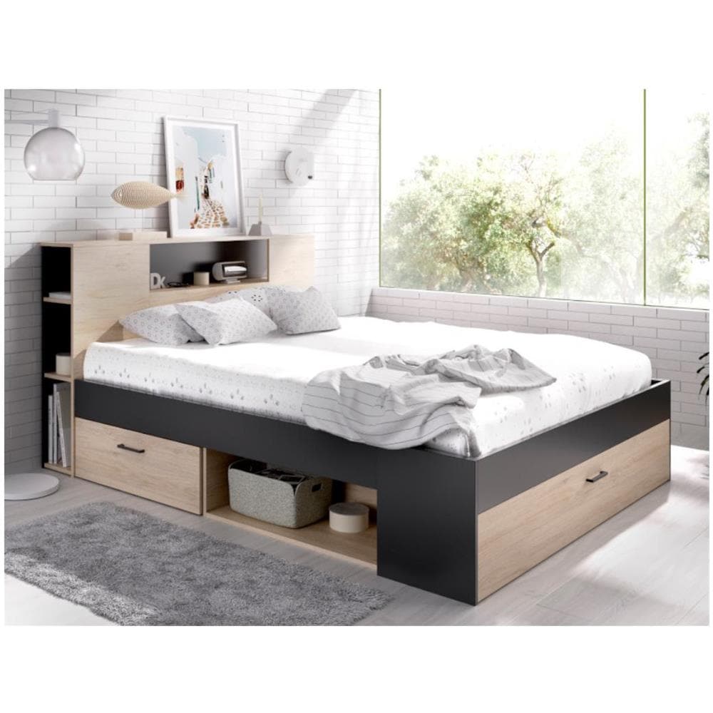 Vente-unique - Letto Matrimoniale con testiera portaoggetti e cassetti